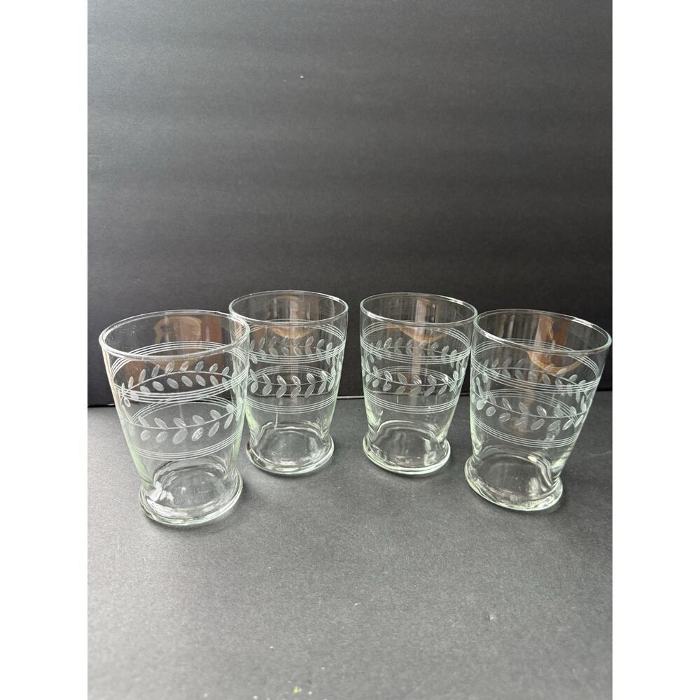 Vintage Anchor Hocking Etched Laurel Leaf Footed Juice Glasses Set (4) Barware